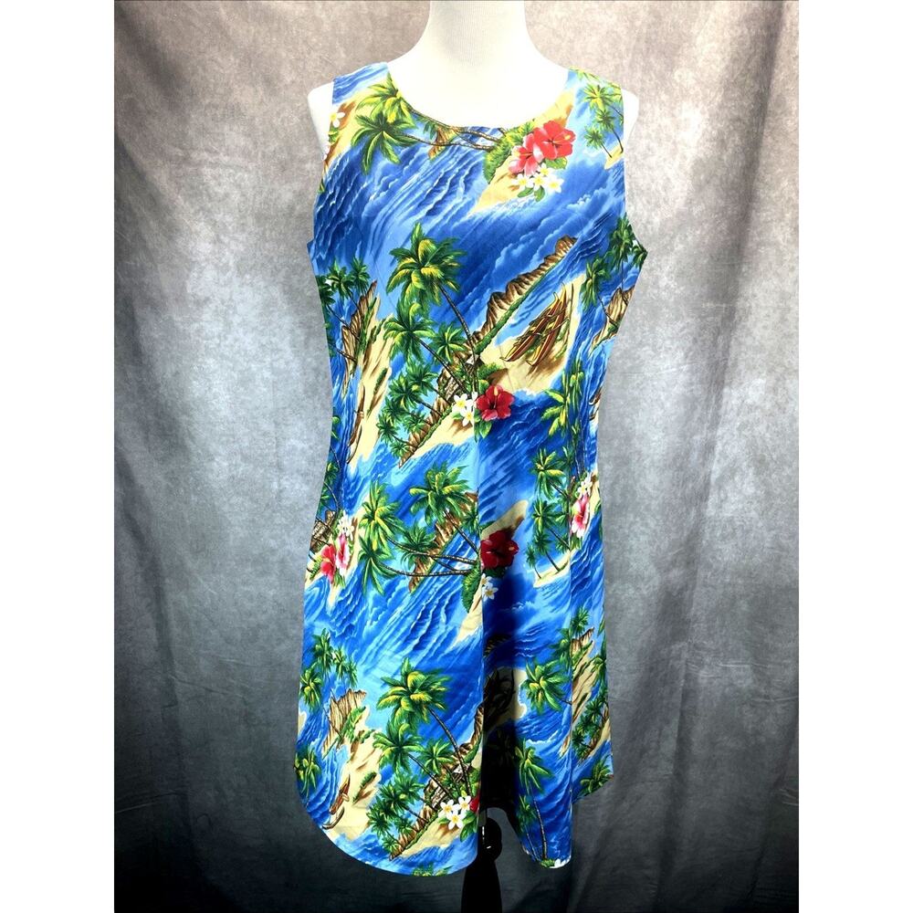 Vtg Hilo Hattie The Hawaiian Original Blue Sun Dress Women Sz L/G Tropical USA